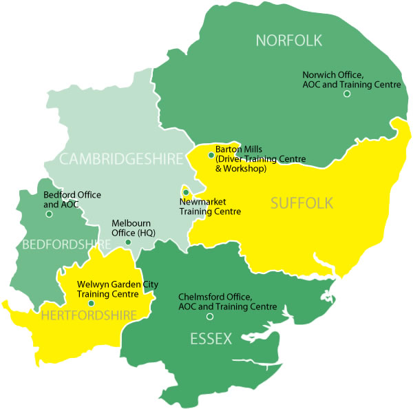 Outline map of the six counties covered by the East of England Ambulance Service. Norfolk, Suffolk, Cambridgeshire, Essex, Bedfordshire, Hertfordshire.  Locations of offices and training centres are shown