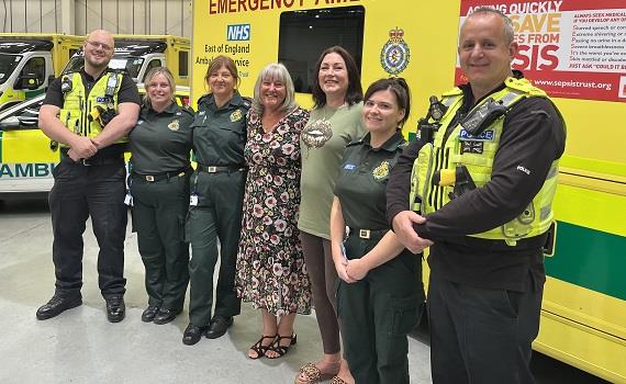 The Kay Rush patient meet-up; from left to right: PC Josh Stephenson, Rachel Trengrove, Sharon Spencer, Kay Rush (patient), Michelle D'Arcy, Georgina Bull and Sergeant Barry Scott